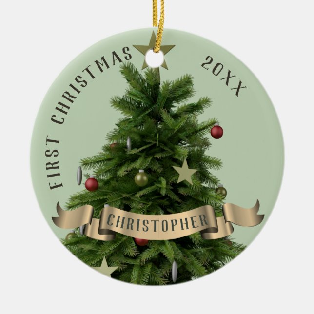 Ornamento De Cerâmica Baby's First Christmas Sage Green Ceramic Ornament (Frente)