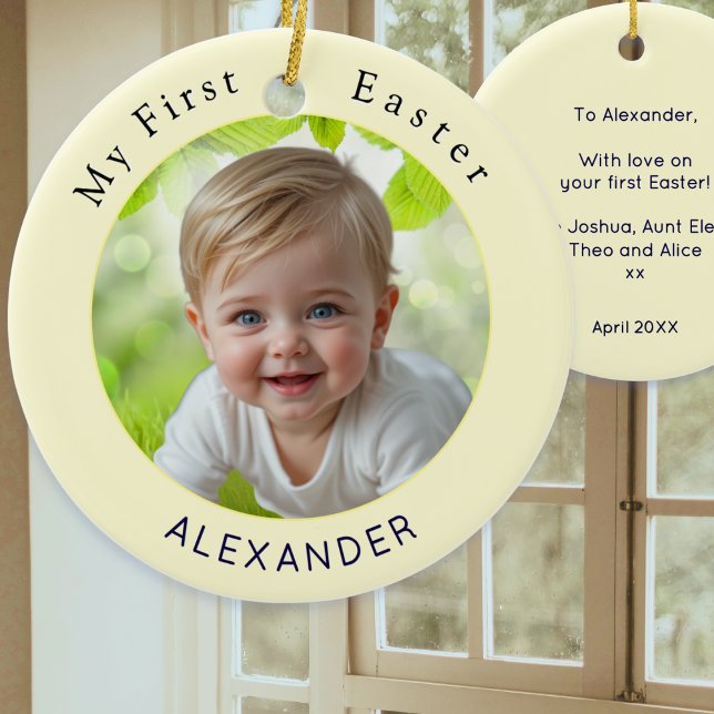Ornamento De Cerâmica Baby's First Easter Elegant Photo Keepsake Yellow (A decorative ornament for baby's first Easter, with custom photo, name, and a message on the back)
