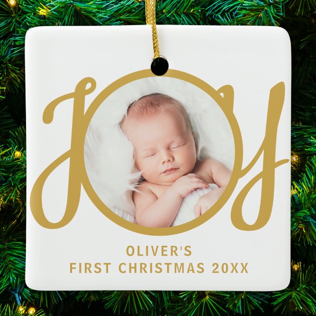 Ornamento De Cerâmica Baby's Name First Christmas Photo Keepsake (Criador carregado)