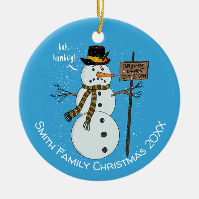 Ornamento De Cerâmica Bah Humbug Natalino Boneco de Neve Resmungão Intro (Frente)