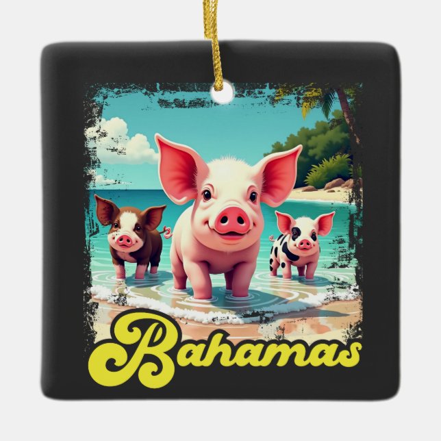 Ornamento De Cerâmica Bahamas Nadando Suínos - Exuma Pig Beach Adventure (Frente)
