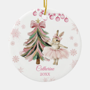 Ornamento De Cerâmica Bailarina Coelho Rosa Personalizada de Natal
