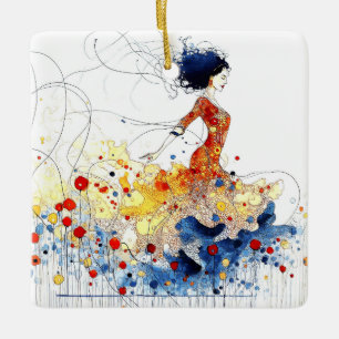Ornamento De Cerâmica Bailarina de Flamenco em Movimento Multicolorido F