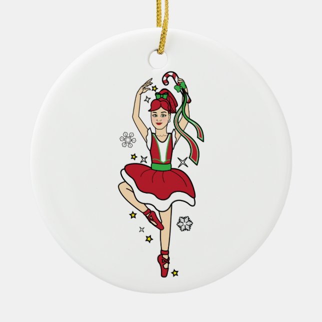 Ornamento De Cerâmica Bailarina do Natal com bastão de doces (Frente)