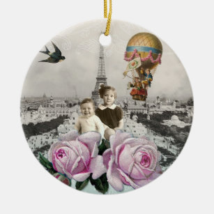 Ornamento De Cerâmica Balão de ar quente dos rosas do rosa da torre