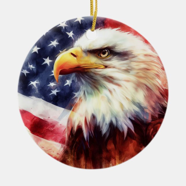 Ornamento De Cerâmica Bald Eagle com bandeira dos Estados Unidos (Frente)