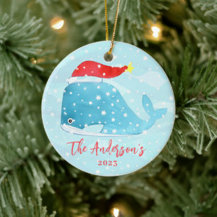 Ornamento De Cerâmica Baleia de Aquarela com Natal Costeiro de Santa Hat