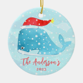 Ornamento De Cerâmica Baleia de Aquarela com Natal Costeiro de Santa Hat