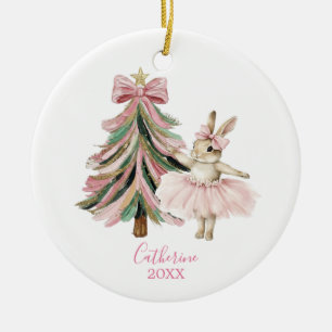 Ornamento De Cerâmica Ballerina Coelho de Natal com Laço Rosa