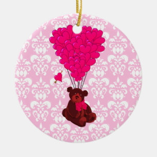 Ornamento De Cerâmica Balões de Urso e Cardíaco em damasco rosa