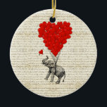 Ornamento De Cerâmica Balões românticos do elefante & do coração<br><div class="desc">Personalize este animal romântico engraçado bonito do elefante do vintage que é sustentado e que flutua fora com coração vermelho os balões dados forma, em um fundo de papel antigo afligido da colagem. Adicione seu namorada, esposa, namorado, namorados, nome dos queridos para fazer um presente original do divertimento para essa...</div>