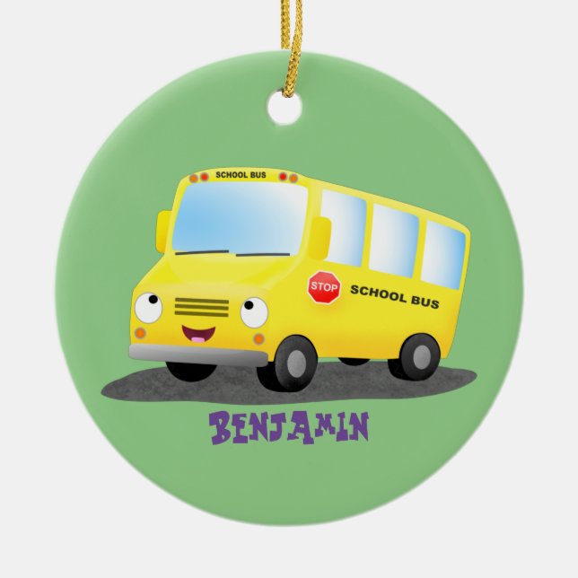 Ornamento De Cerâmica Banda branca e feliz de ônibus escolar amarelo (Frente)