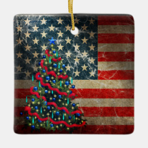 Ornamento De Cerâmica Bandeira Americana Personalizada e Árvore de Natal