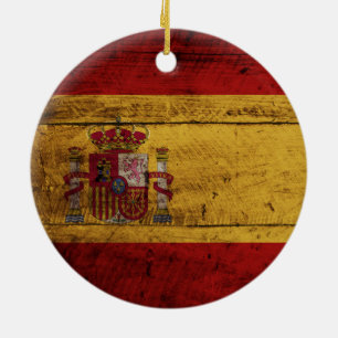 Ornamento De Cerâmica Bandeira da Espanha em Grão de Madeira Antiga