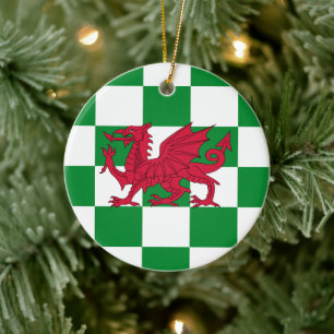 Ornamento De Cerâmica Bandeira do Dragão Vermelho: Verde Xadrez Celta Pa