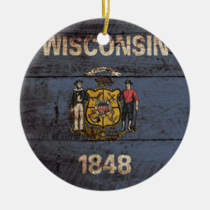 Ornamento De Cerâmica Bandeira do estado de Wisconsin na grão de madeir
