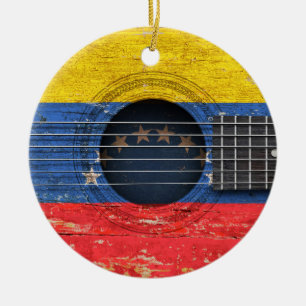 Ornamento De Cerâmica Bandeira venezuelana na guitarra acústica velha