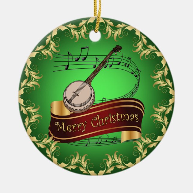 Ornamento De Cerâmica Banjo ~ Rolo Musical ~ Feliz Natal ~ * ~ (Frente)