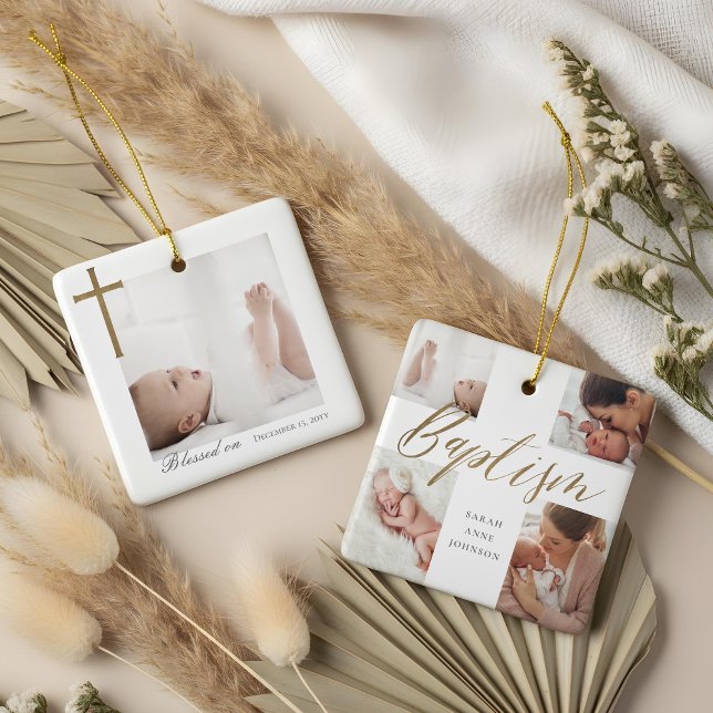 Ornamento De Cerâmica Baptism Calligraphy Photo Collage Baby Keepsake (Baptism Calligraphy Photo Collage Baby Keepsake Ceramic Ornament)