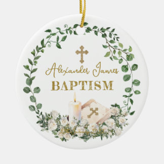 Ornamento De Cerâmica Baptism Eucalyptus Roses Cross Photo