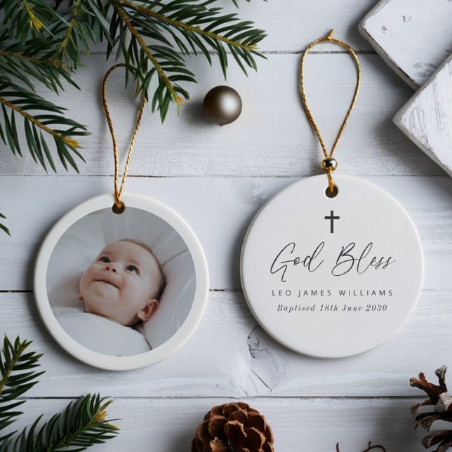 Ornamento De Cerâmica Baptism Keepsake Round Photo  (Zazzle Baptism Keepsake Round Photo  Ceramic Ornament)