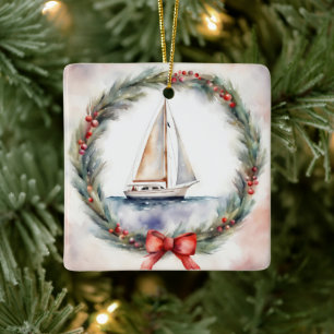 Ornamento De Cerâmica Barco à vela de Natal em guirlanda aquarela