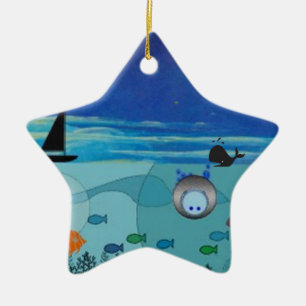 Ornamento De Cerâmica Barco, baleia, mergulhador, cena do oceano dos
