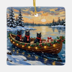 Ornamento De Cerâmica Barco de Natal do Gato Preto Feriado