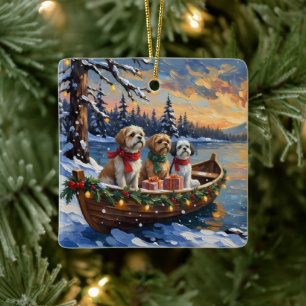 Ornamento De Cerâmica Barco de Natal do Shih Tzu Férias