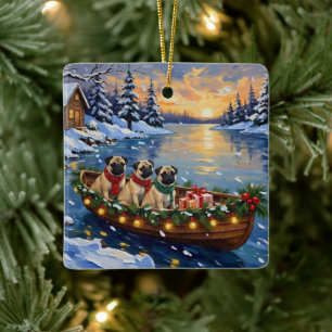 Ornamento De Cerâmica Barco de Natal Pug Férias