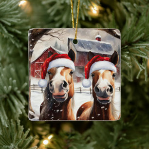 Ornamento De Cerâmica Barn de Cavalos de Natal bonitos e Engraçados