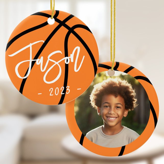 Ornamento De Cerâmica Basball adiciona foto personalizada (Basketball add custom photo ceramic ornament)