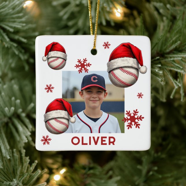 Ornamento De Cerâmica Baseball Ball Santa Hat Name Photo Christmas  (Árvore)