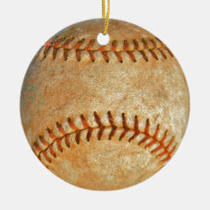Ornamento De Cerâmica Baseball Branco Vintage com costura vermelha