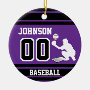 Ornamento De Cerâmica Baseball Catcher Personalizado Roxo e Preto