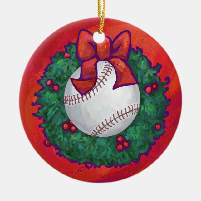 Ornamento De Cerâmica Baseball em Wreath em Vermelho (Frente)