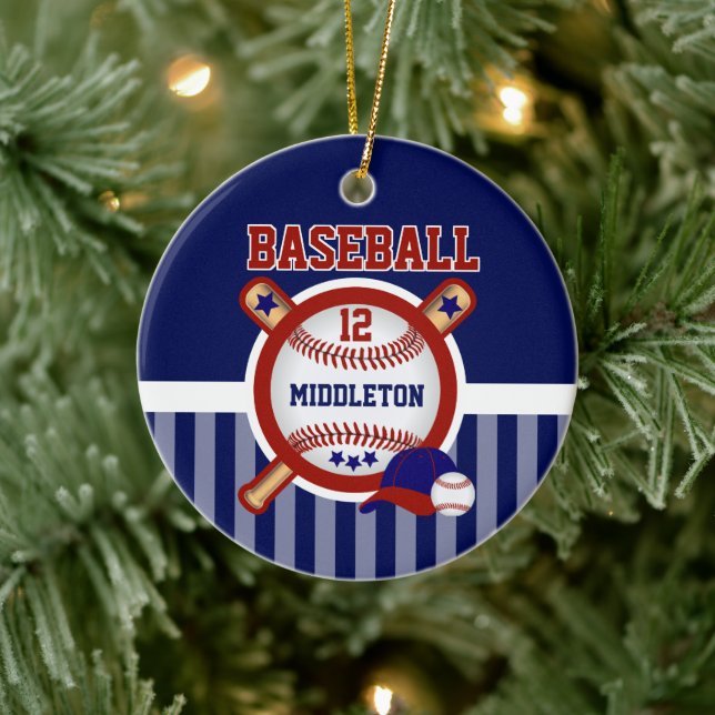 Ornamento De Cerâmica Baseball Personalizado | Azul escuro e vermelho (Árvore)