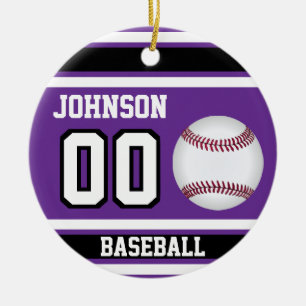 Ornamento De Cerâmica Baseball Personalizado Roxo, branco e preto