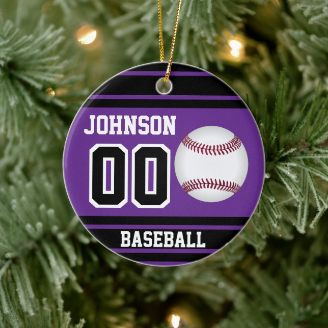 Ornamento De Cerâmica Baseball Personalizado | Roxo e preto (Árvore)