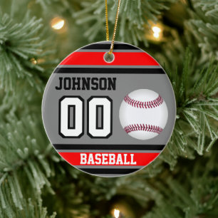 Ornamento De Cerâmica Baseball Personalizado Vermelho, Cinza e Preto