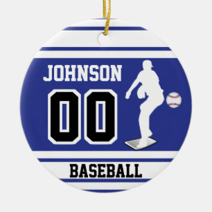Ornamento De Cerâmica Baseball Pitcher Personalizado Azul escuro e bran