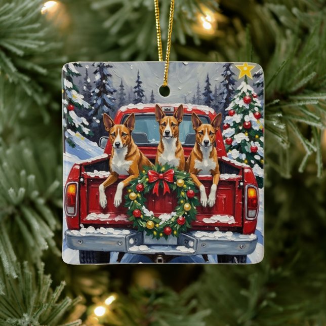 Ornamento De Cerâmica Basenji Christmas Red Truck Holiday (Árvore)
