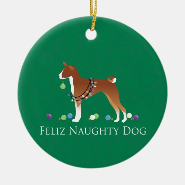 Ornamento De Cerâmica Basenji Feliz Naughn no Natal (Frente)