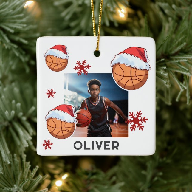 Ornamento De Cerâmica Basketball Ball Santa Hat Name Photo Christmas  (Árvore)