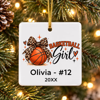 Ornamento De Cerâmica Basquete Personalizado Menina Arco de Leopardo Nat