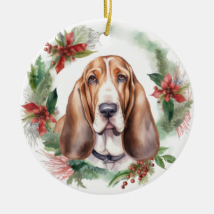 Ornamento De Cerâmica Basset Hound Christmas Wreath Festivo Pup