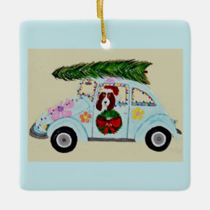 Ornamento De Cerâmica Basset Hound de Natal em carro Hippie