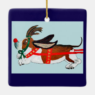 Ornamento De Cerâmica Basset Hound Rudolph a Rena de Nariz Vermelho