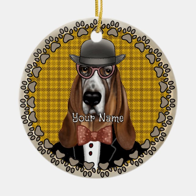 Ornamento De Cerâmica Basset Hound usando óculos (Frente)