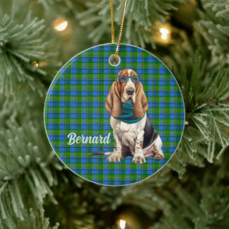 Ornamento De Cerâmica Basset Hound Xadrez Verde Azul Foto Personalizada
